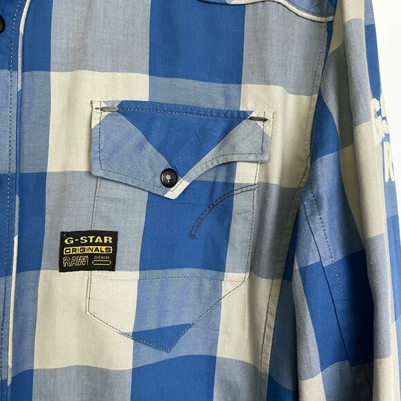 G-Star RAW Shirt Mens XL Blue Gray Plaid Button Up Western Pearl Snap Denim - Picture 8 of 12